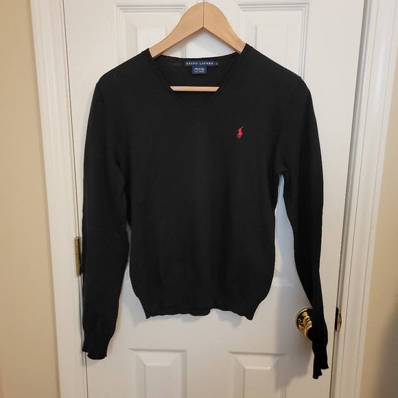 Ralph Lauren Blue Label Italian Yarn 100% Cotton Black V Neck Sweater Size L - Picture 2 of 5